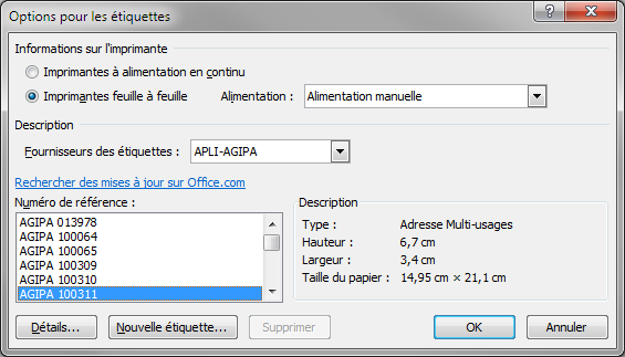 La boîte de dialogue dialogue Options pour les étiquettes