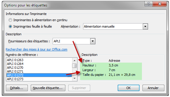 Vérification des dimensions des étiquettes