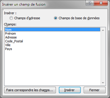 Les six champs de données apparaissent dans la boîte de dialogue