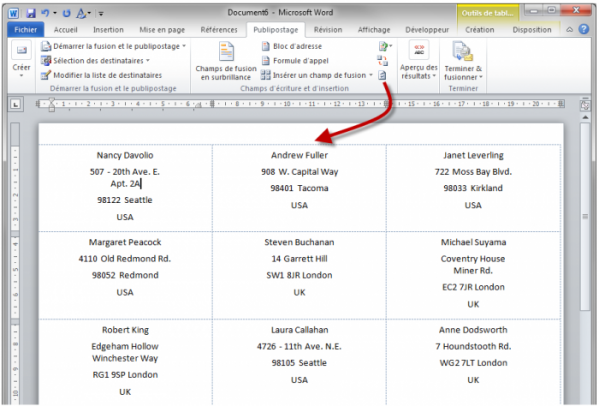 Les données apparaissent dans les étiquettes