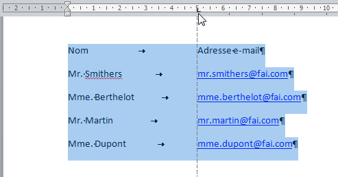 Une tabulation à gauche a été définie à 5 centimètres