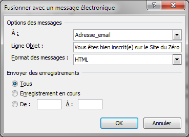 La boîte de dialogue de fusion est entièrement paramétrée