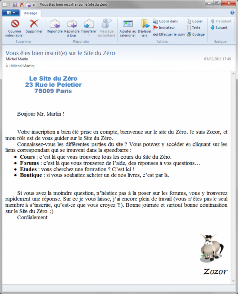 Un exemple de message reçu