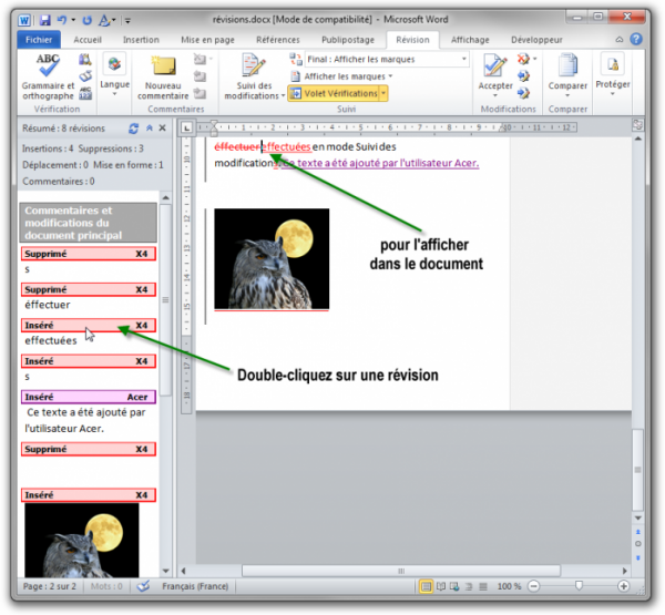 Le volet Vérifications facilite le passage en revue des révisions