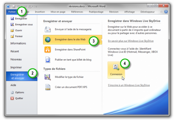 Le document est sur le point d'être sauvegardé dans l'espace SkyDrive