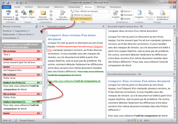 Le volet Vérifications facilite la comparaison de longs documents