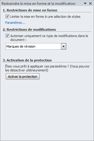 Le volet Restreindre la mise en forme et la modification