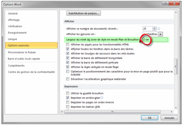 Définition de la largeur du volet de zone de style