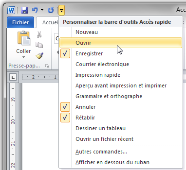 Toutes les fonctionnalités de Word peuvent être ajoutées dans la barre d'outils Accès rapide