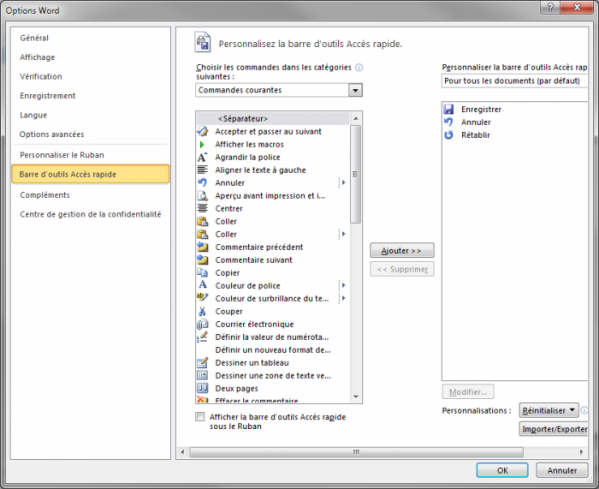 Insertion de la commande Capture dans la barre d'outils Accès rapide