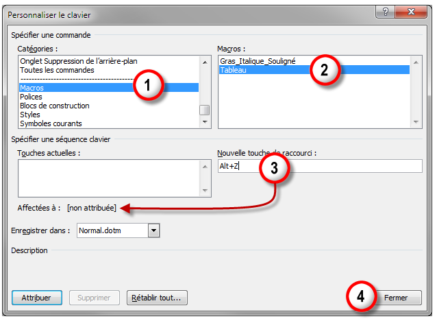 Les différentes étapes pour affecter un raccourci clavier à une macro