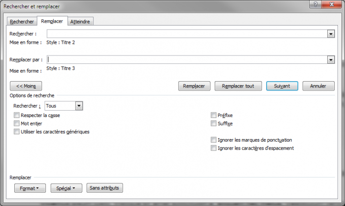 La boîte de dialogue Rechercher et remplacer est entièrement paramétrée
