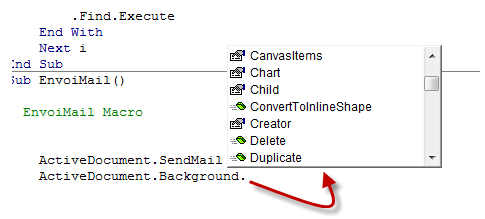 Le « . » déclenche l'affichage des mots-clés complémentaires