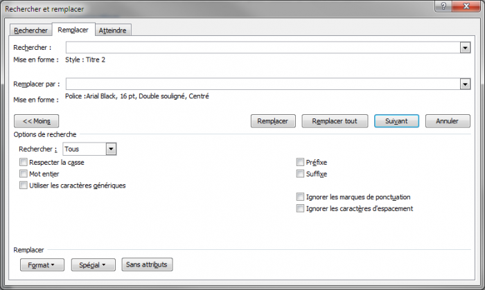 La boîte de dialogue Rechercher et remplacer est prête pour le remplacement des styles Titre 2