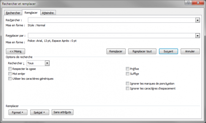 La boîte de dialogue Rechercher et remplacer est prête pour le remplacement des styles Normal