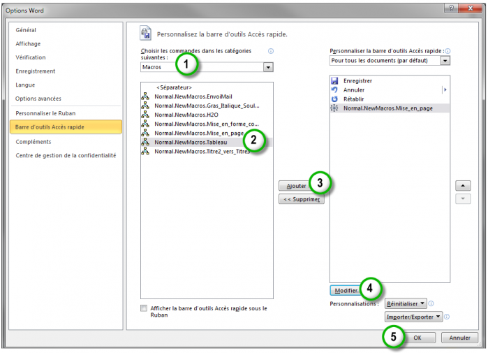 Définition d'une icône pour la macro dans la barre d'outils Accès rapide