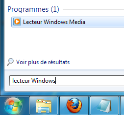 Recherche du lecteur Windows Media dans le menu Démarrer
