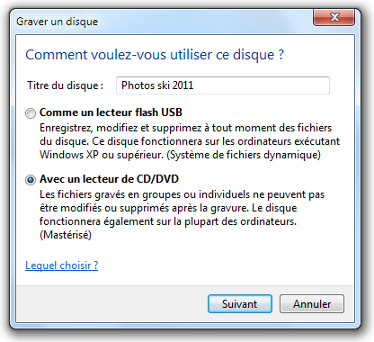 Choix du type de gravure de CD de données