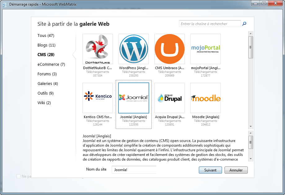 Sélection du projet Joomla