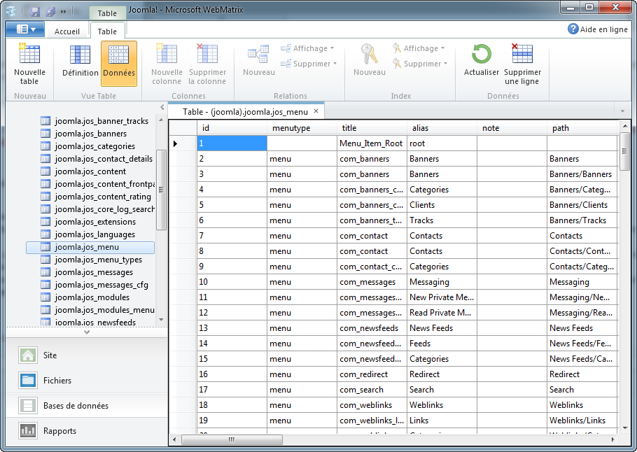 Contenu d'une table de Joomla