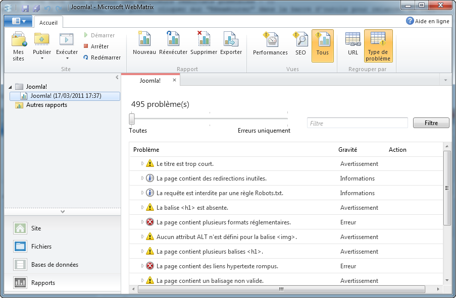 Résultats du rapport SEO