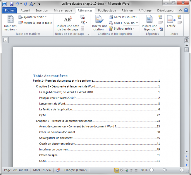 Un exemple de table des matières