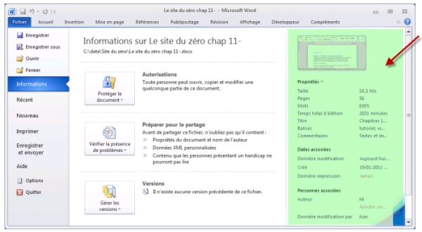 Les informations attachées au document apparaissent dans l'écran backstage