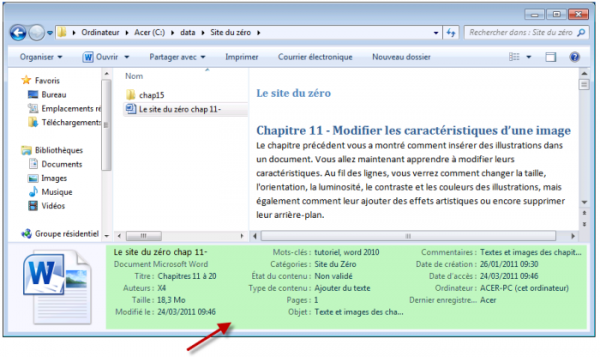 Les informations complémentaires sont affichées dans l’Explorateur Windows