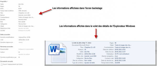 Les informations complémentaires, affichées dans l'écran backstage et dans l'Explorateur Windows