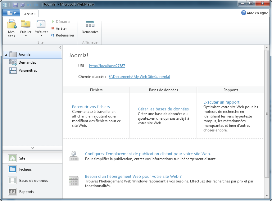 Accueil WebMatrix de Joomla