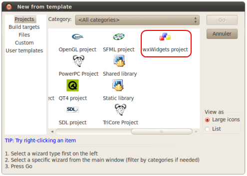 Assistant Code::Blocks wxWidgets sous Linux - Choix du type de projet