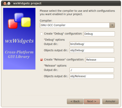 Assistant Code::Blocks wxWidgets sous Linux - Paramètres de compilation