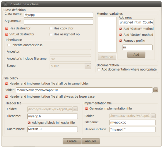 Assistant Code::Blocks Nouvelle Classe sous Linux