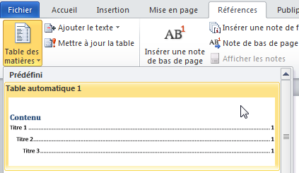 Insertion d'un sommaire automatique.