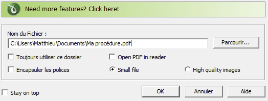 Choix du nom et de l'emplacement du futur fichier PDF.