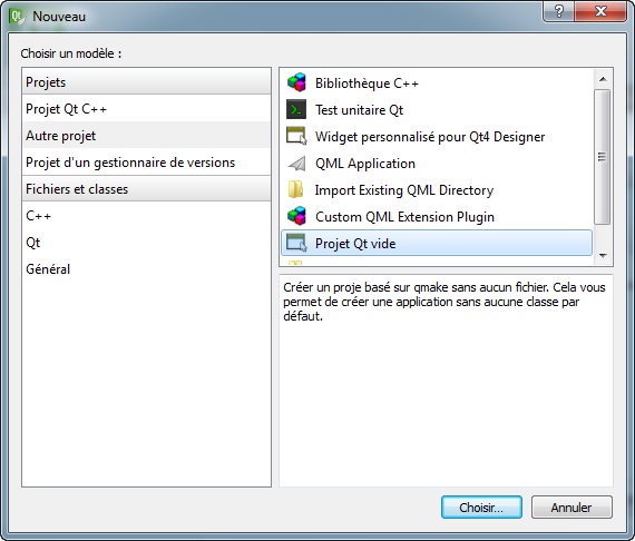 Nouveau projet Qt Creator