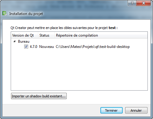 Nouveau projet (configuration de la compilation)