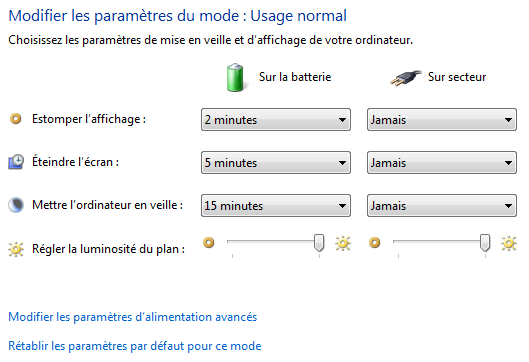 Modification des paramètres du mode