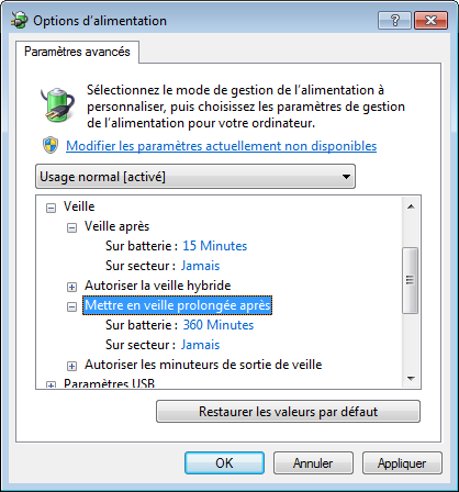 Paramètres d'alimentation avancés