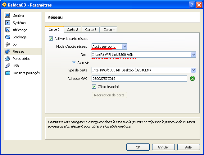 virtualbox réseau fenêtre