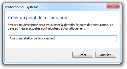 Donner un nom au point de restauration