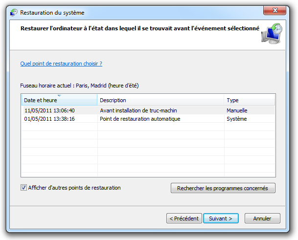 Choix du point de restauration