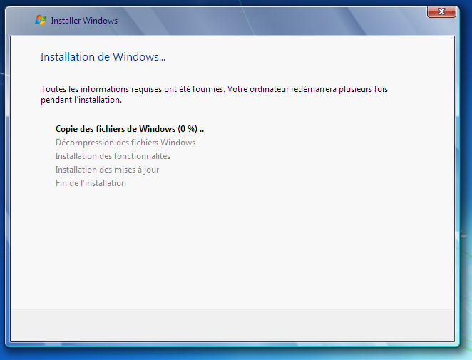 Progression de l'installation et pourcentages
