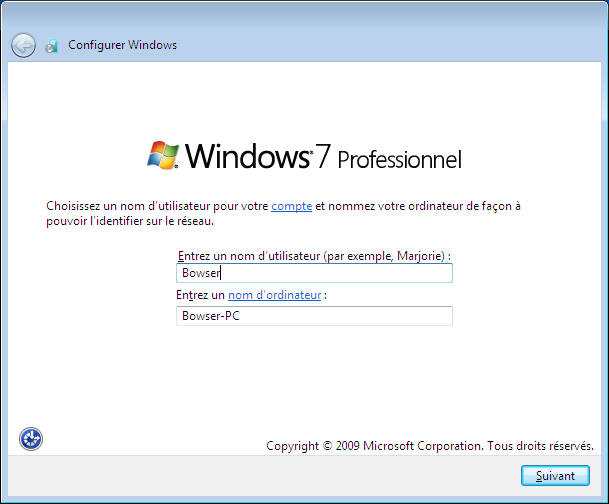 Choix du nom d'utilisateur et du nom du PC