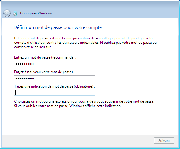 Choix du mot de passe