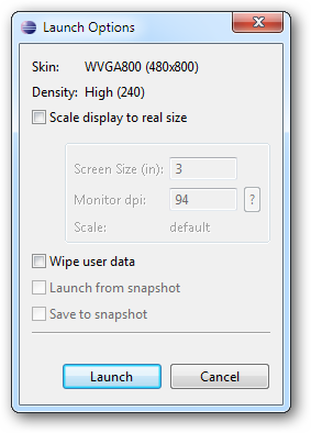 Les différentes options pour l'exécution de cet AVD