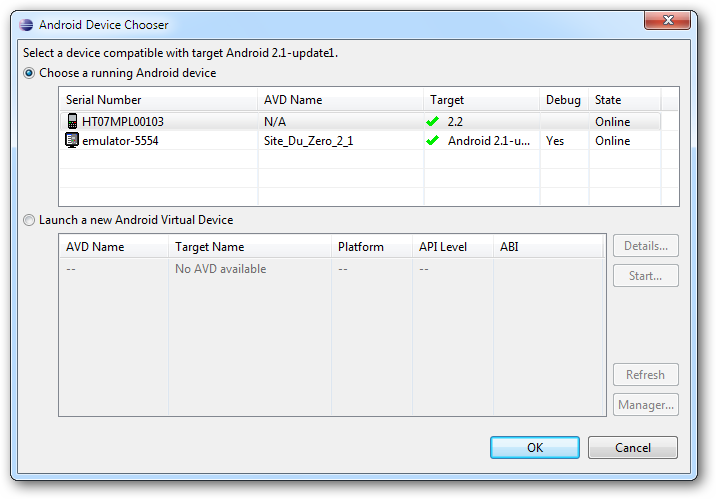 Choisissez le terminal de test