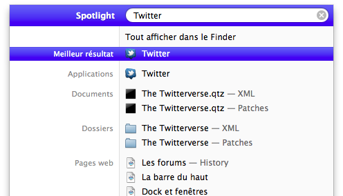 Recherche de l'application Twitter dans Spotlight