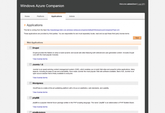 Interface d'administration - Windows Azure Companion