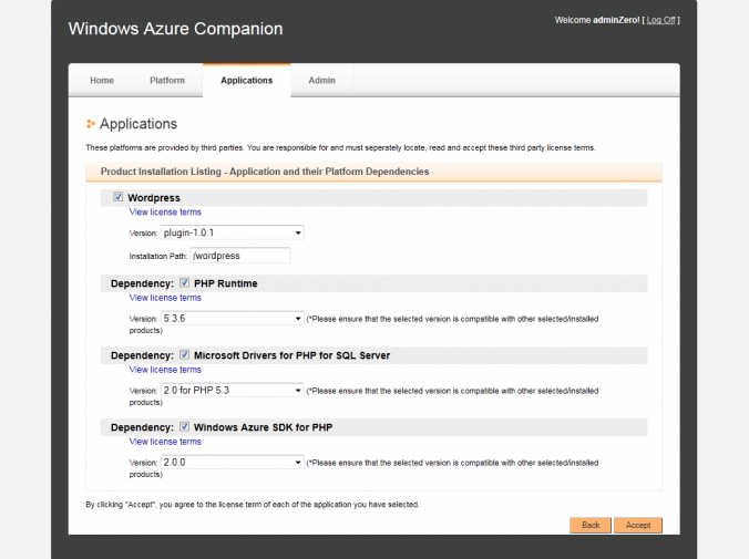 Dépendances de Wordpress dans Windows Azure Companion